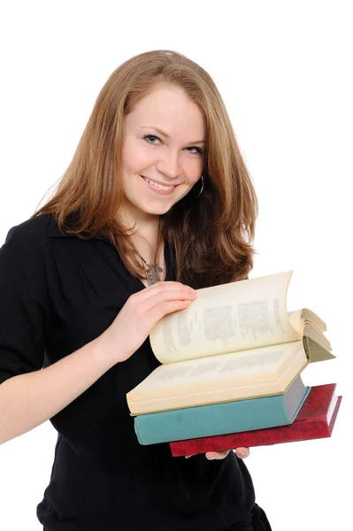 年轻的女孩 长头发 在白色背景上的书 — 图库照片