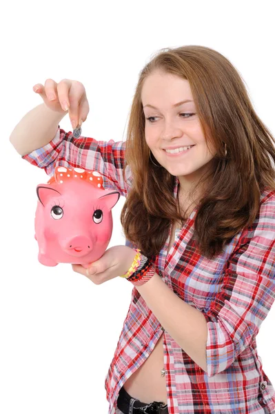 Mulher Bonita Nova Que Está Com Banco Piggy Caixa Dinheiro — Fotografia de Stock