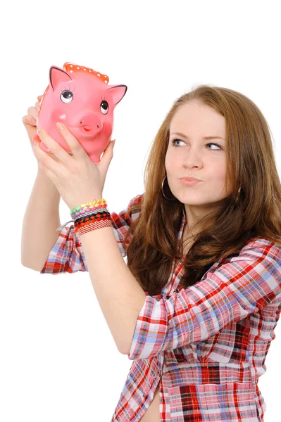 Young Beautiful Woman Standing Piggy Bank Money Box Isolated White — Stock Photo, Image