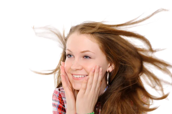 Girl with hair fluttering in the wind — Stock Photo, Image