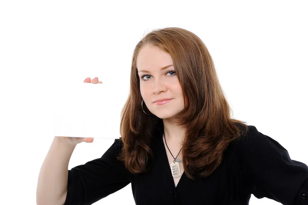 Fiatal nő kezében üres fehér tábla — Stock Fotó