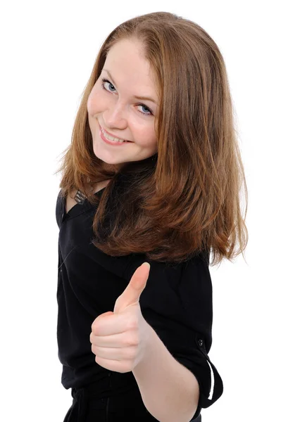 Success girl exposing greater fingers, — Stock Photo, Image