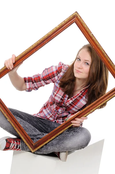 Woman Holding Old Picture Frame White Background — Stock Photo, Image