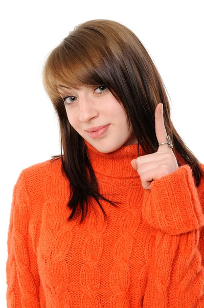 Happy Young Woman Specifying Top Copy Space White Background — Stock Photo, Image