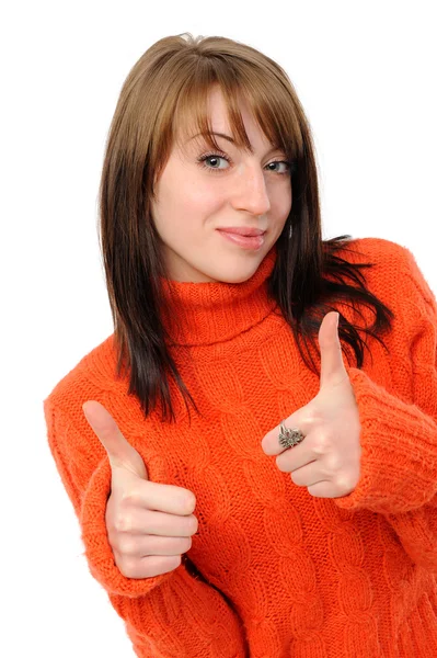Success Girl Exposing Greater Fingers White Background — Stock Photo, Image