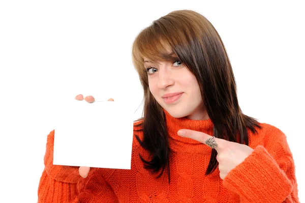 Jonge Vrouw Met Leeg Wit Bord Een Witte Achtergrond — Stockfoto