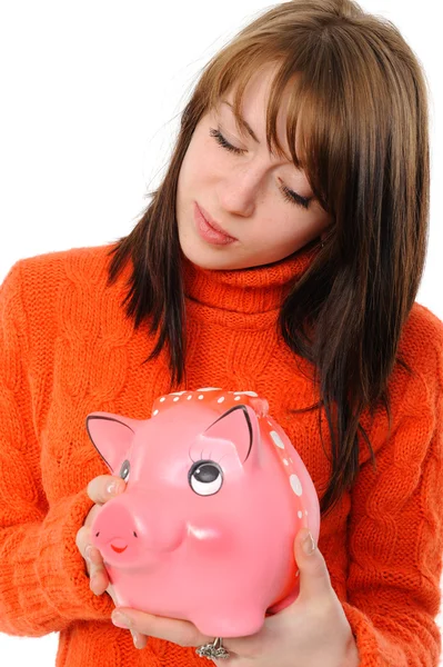Young Beautiful Woman Standing Piggy Bank Money Box Isolated White — Stock Photo, Image