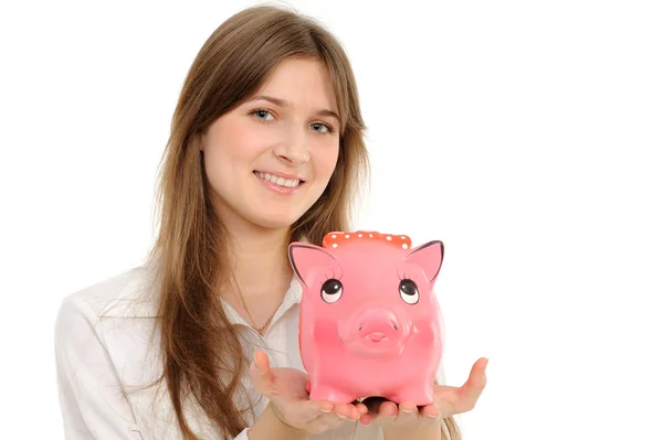 Jovem mulher com porquinho banco — Fotografia de Stock