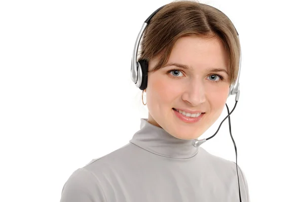 Νεαρή Γυναίκα Αντιπρώσοπος Εξυπηρέτησης Στο Ακουστικό Χαμογελώντας Λευκό Φόντο — Φωτογραφία Αρχείου