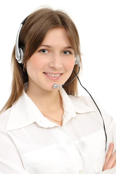 年轻女性客户服务代表耳机 在白色背景上微笑 — 图库照片
