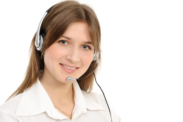 Młodych Kobiet Przedstawiciela Działu Obsługi Klienta Słuchawki Uśmiechając Się Białym — Zdjęcie stockowe