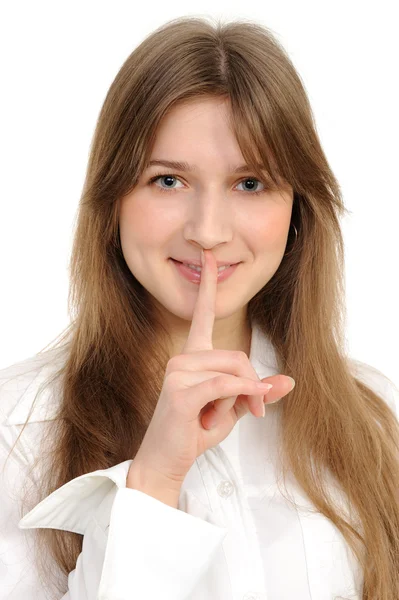 若い女性は 白い背景に沈黙を維持するために Ssshhh を言う — ストック写真