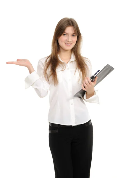 Biznes Kobieta Folderu Trzymając Rękę Prezentacji Produktu Białym Tle — Zdjęcie stockowe