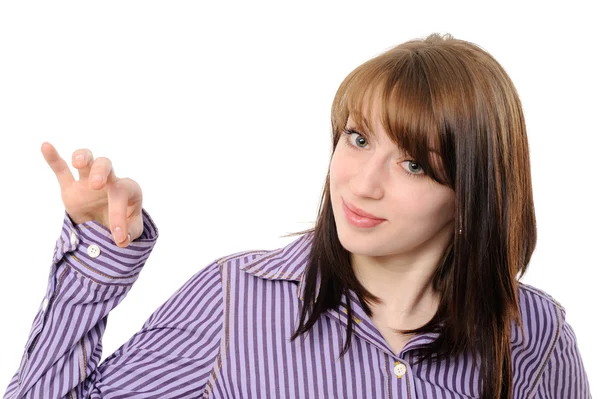 握着的手介绍产品的年轻女子 在白色背景上 — 图库照片