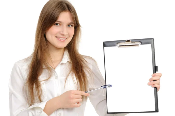 Biznes kobieta z folderu reprezentujących coś — Zdjęcie stockowe