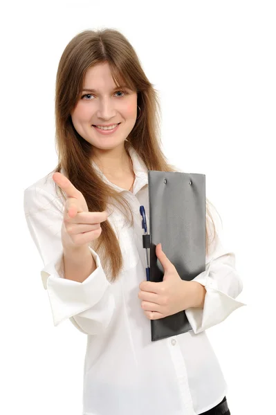 Flickan pekar på dig med en mapp — Stockfoto