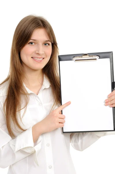 Biznes kobieta z folderu reprezentujących coś — Zdjęcie stockowe