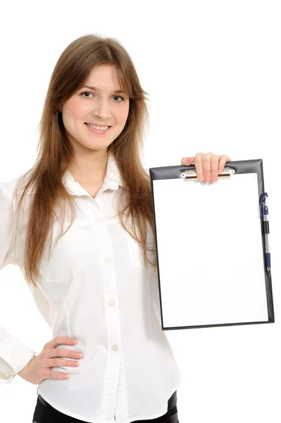 Kobieta z folderem reprezentującym coś — Zdjęcie stockowe