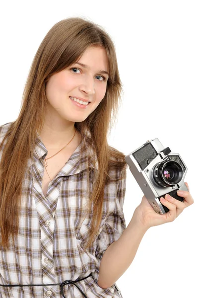 Bella donna scattare foto con fotocamera vintage — Foto Stock