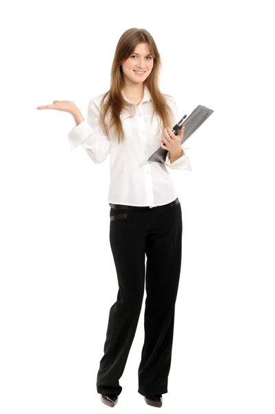 Kvinna med en mapp som håller hand presentera — Stockfoto