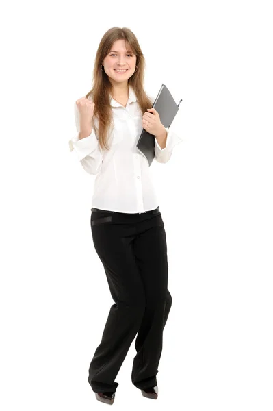 Aufgeregte junge Geschäftsfrau genießt den Erfolg — Stockfoto