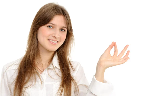 Kobieta trzyma rękę prezentacji produktu — Zdjęcie stockowe