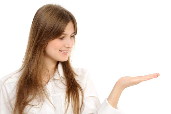 Affärskvinna hålla hand presenterar en produkt. — Stockfoto