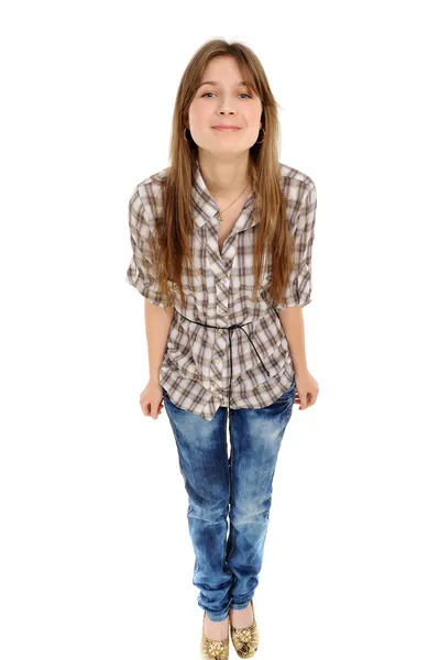 Comic young female smile against — Stock Photo, Image
