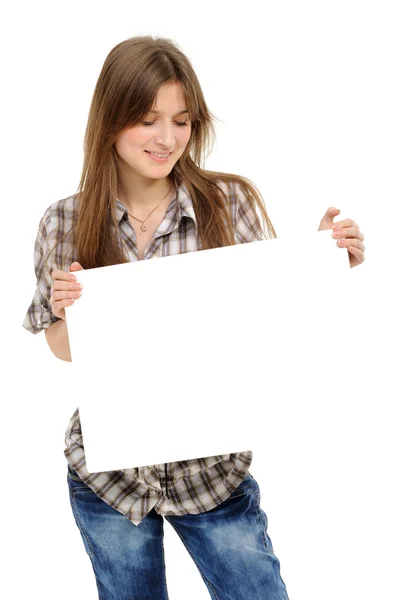 Fiatal nő kezében üres fehér tábla, — Stock Fotó