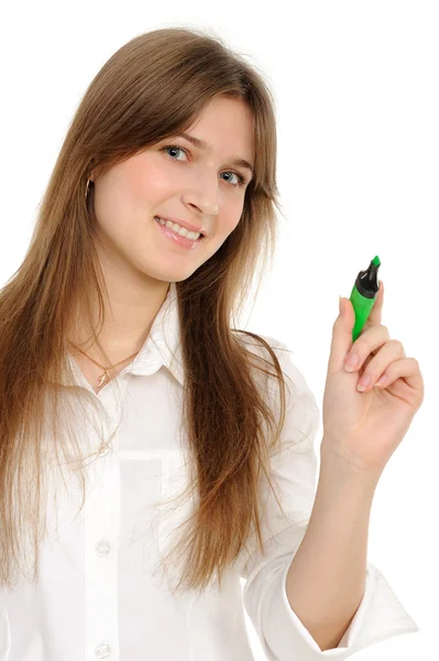 Женщина рисует что-то на экране ручкой — стоковое фото
