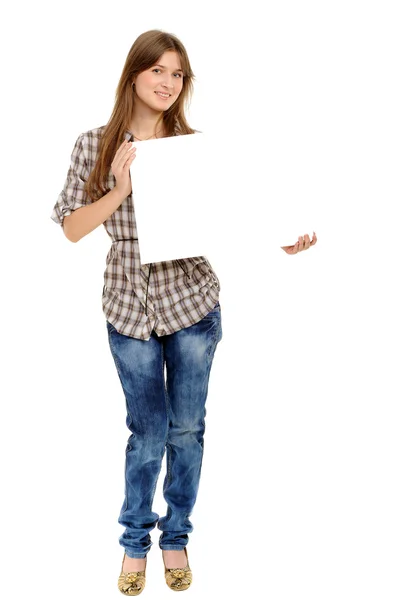 Young woman holding empty white board, — Stock Photo, Image
