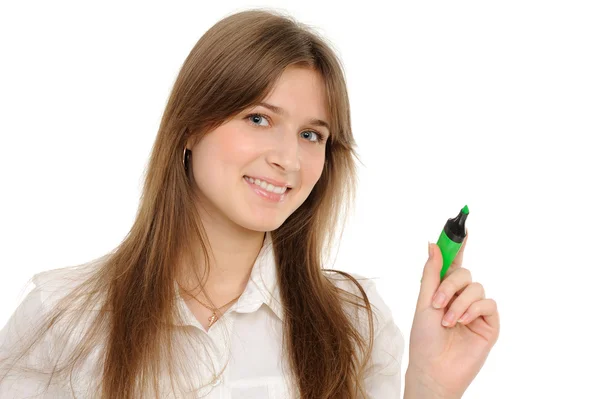 Kvinna rita något på skärmen med en penna — Stockfoto