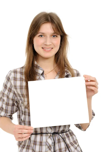 Mujer sosteniendo tablero blanco vacío —  Fotos de Stock