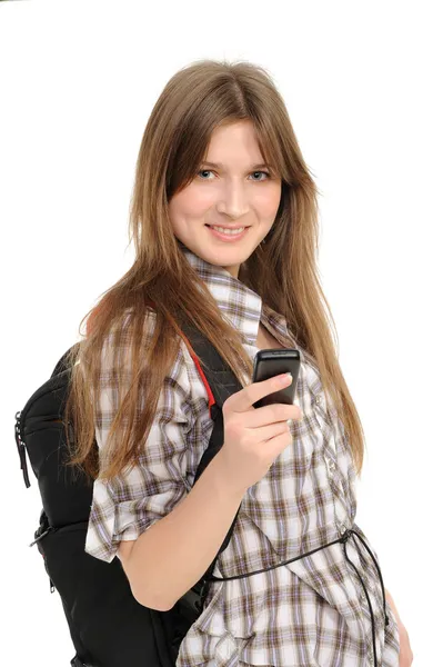 Cep telefonu kullanan genç bir kadın. — Stok fotoğraf