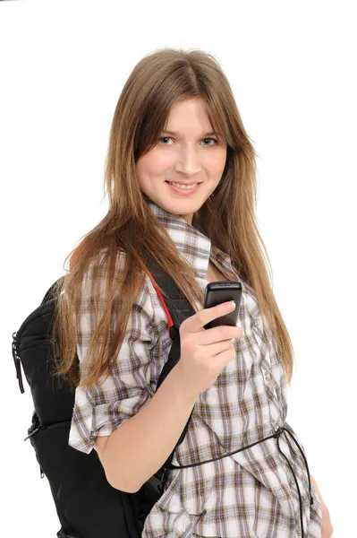 Jovem mulher usando telefone celular — Fotografia de Stock