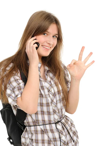 Telefon ok işaretini belirten kadınla — Stok fotoğraf