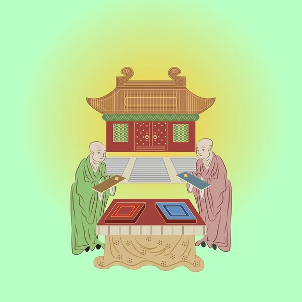 Chinese temple with two monks with books — Stock Vector