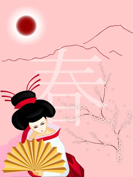 Geisha met een ventilator op lente achtergrond — Stockvector