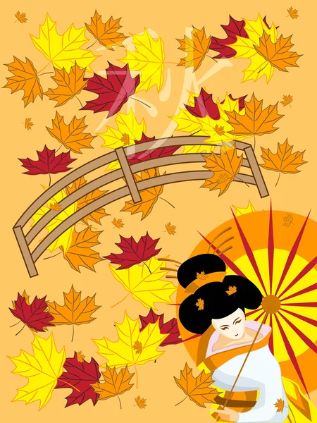 Vektorové japonská gejša na podzimní pozadí — Stockový vektor