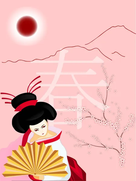 Geisha with a fan on spring background Stock Vector