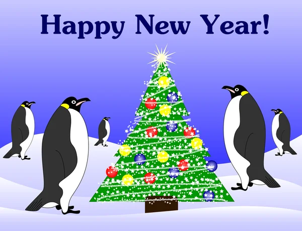 New year penguins and fir tree — Stock Vector