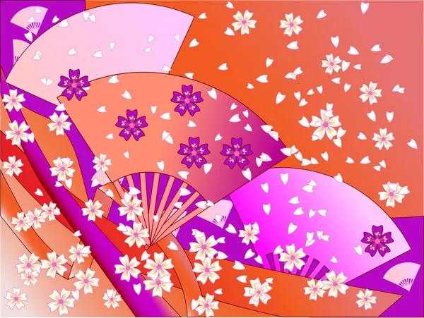 Vector japanese fans, ribbons and flowers — Stock Vector