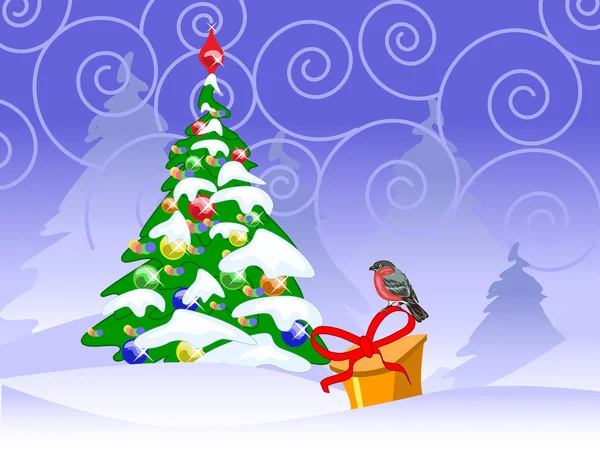 Cartão de Natal com um bullfinch, abeto e presente — Vetor de Stock