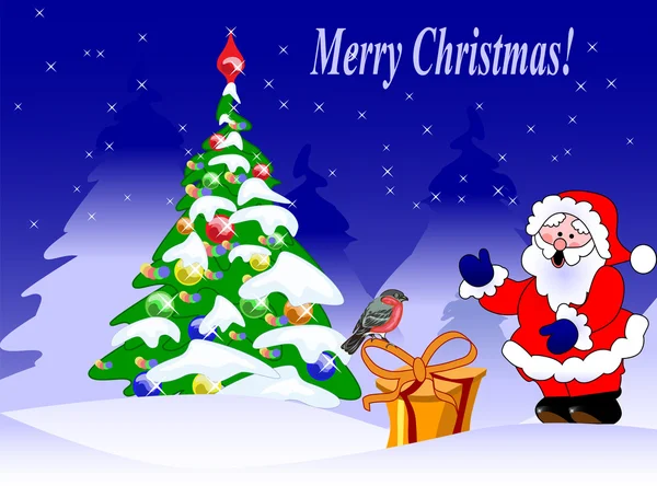 Christmas card with a bullfinch, fir tree and Santa — Stock Vector