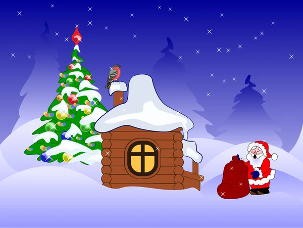 Weihnachtsmann mit Geschenken in der Nähe von Holzhaus — Stockvektor