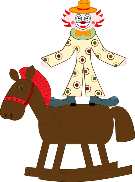 Funny vector clown on a toy horse — Stock Vector