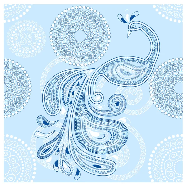 Vector peacock on seamless snowflakes background — Stock Vector
