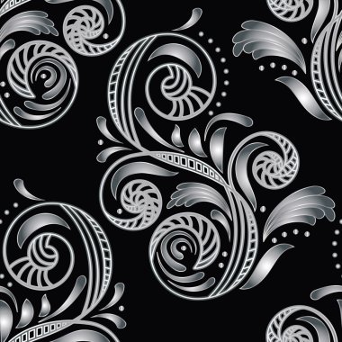 Vector seamless silver floral background on black. clipping mask clipart