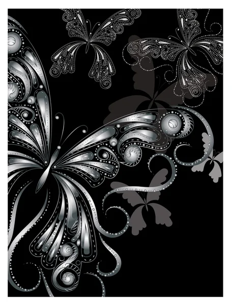 Vector Vintage Silver Butterflies Floral Ornament Black Clipping Mask — Stock Vector