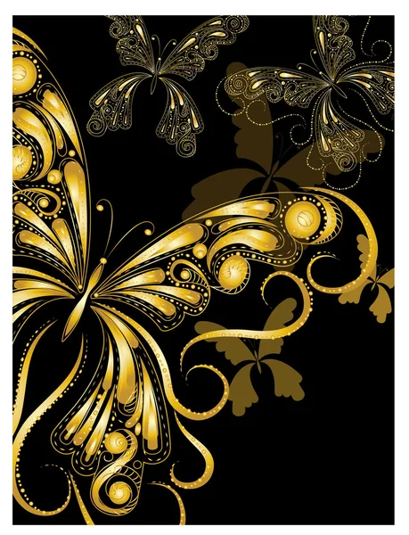 Vector vintage golden butterflies with floral ornament on black — Stock Vector